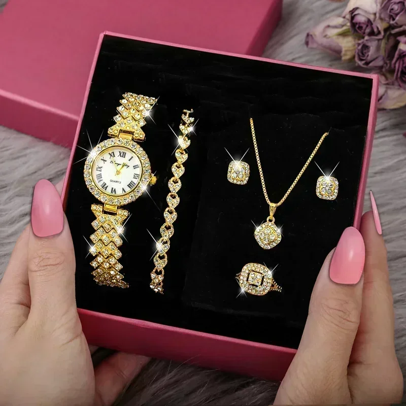 Top Trends: Fashion Luxury Full Crystal 5 Pcs Watch Necklace Earrings Ring Set For Women Rhinestone Wristwatch Female Bracelet Set Gift Shoppable Styles