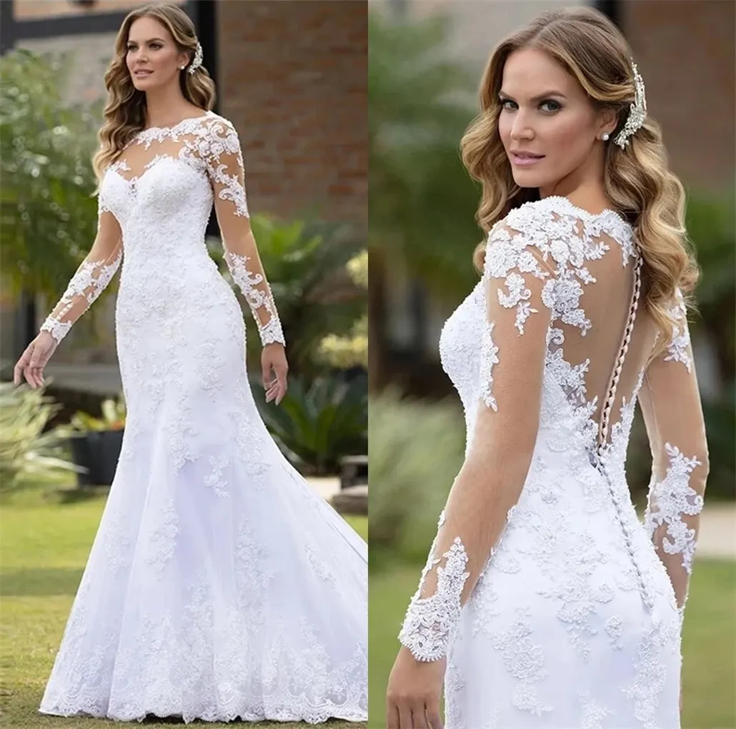 Top Trends: Vestido De Novia 2023 Long Sleeve Sexy Illusion Mermaid Wedding Dress White Lace Applique Bride Gowns Bridal Button Backless Shoppable Styles