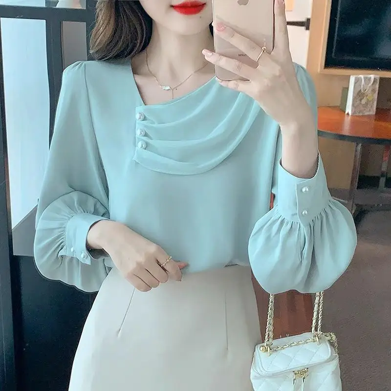 Top Trends: Spring Simplicity Commute Long Sleeve Chiffon Shirt Women&#039;s Clothing Fashion All-match Casual Beading Spliced Solid Color Blouse Shoppable Styles