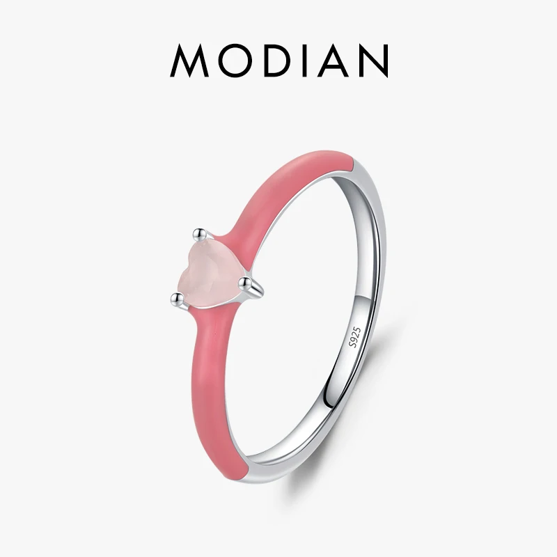 Top Trends: Modian 925 Sterling Silver New Design Pink Enamel Ring Trendy Heart Opal Stackable Jewelry For Women Party Fine Jewelry Gift Shoppable Styles