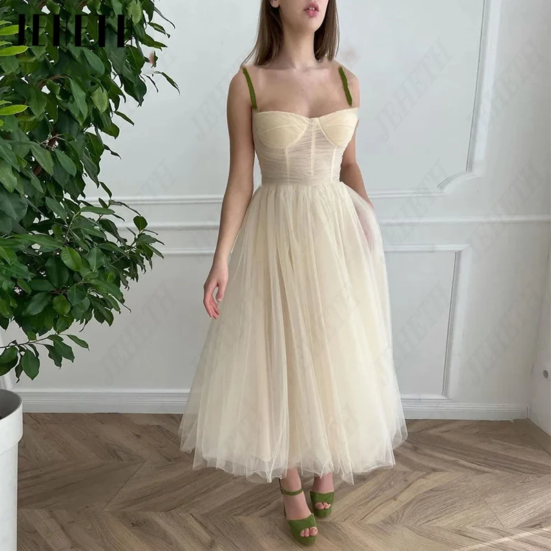 Top Trends: JEHETH Pastrol A-Line Tulle Prom Dresses Spaghetti Straps Pleated Pockets Tea-Length Evening Gowns Custom Made Robes De Mariee Shoppable Styles