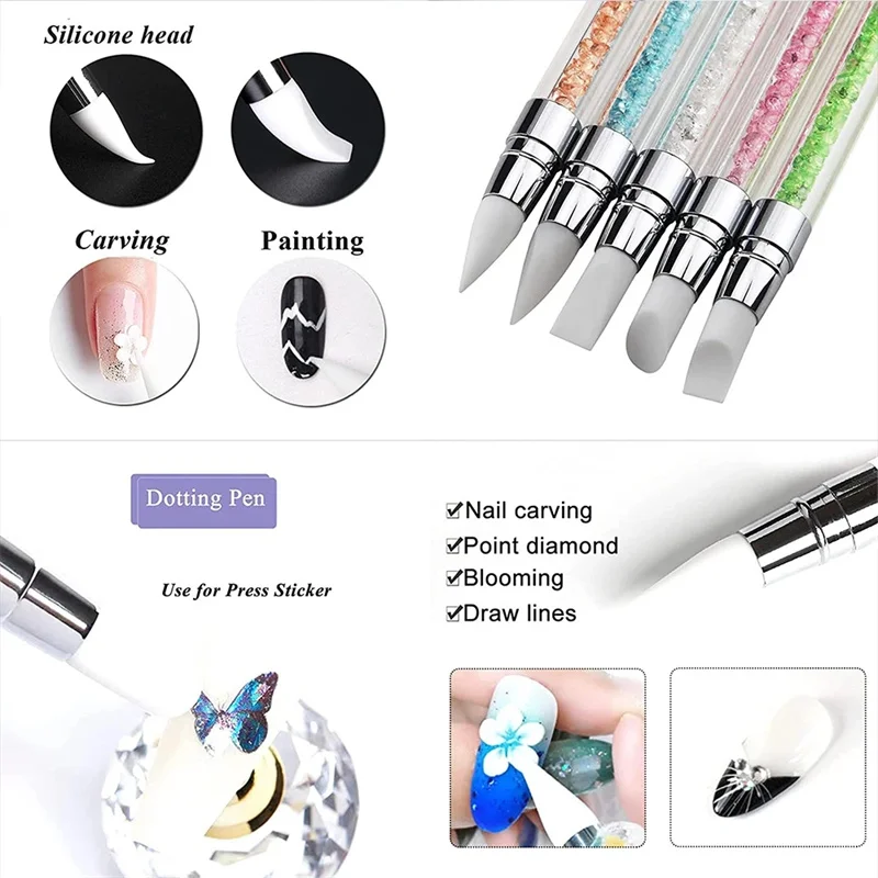 Top Trends: 1 Pcs Dual-Ended Silicone Head Carving Dotting Pen Nail Art Brushes Rhinestone Crystal Handle Tool For DIY Gel Manicure Tools Shoppable Styles - Image 2