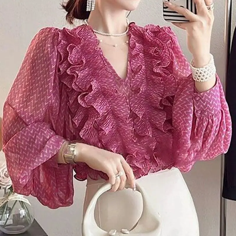 Top Trends: Spring And Autumn Women&#039;s Pullover V-neck Long Sleeve Bubble Sleeve Solid Floral Striped Chiffon Shirt Fashion Casual Tops Shoppable Styles