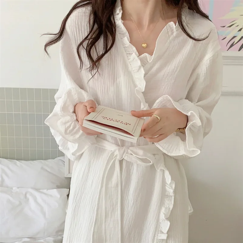 Top Trends: Autumn Bathrobe Women Long Sleeve Korea Style White Shower Robe With Belt Nightwear Spring Comfortable Robes Sleepwear Pajamas Shoppable Styles