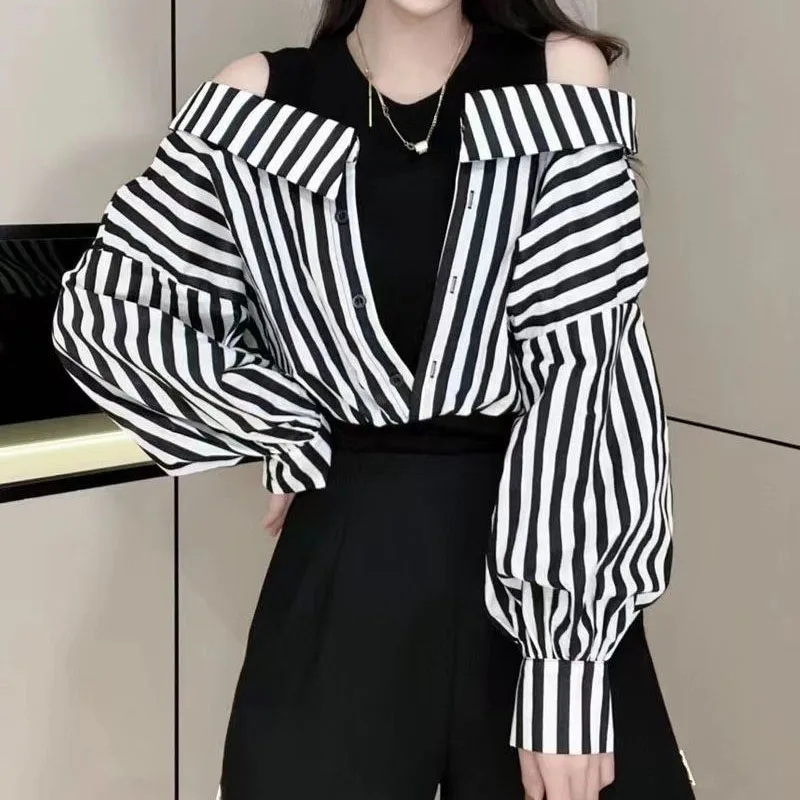 Top Trends: Korean Casual Striped Spliced Fake Two Pieces Shirt For Female Fashion All-match Off Shoulder Blouse Autumn Women's Clothing Shoppable Styles - Image 2