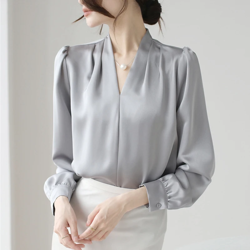 Top Trends: Fashion V-neck Women Blouses 2023 Autumn Satin Solid Color Casual Tops Elegant Office Lady Long Sleeve Oversize Pullover Blouses Shoppable Styles