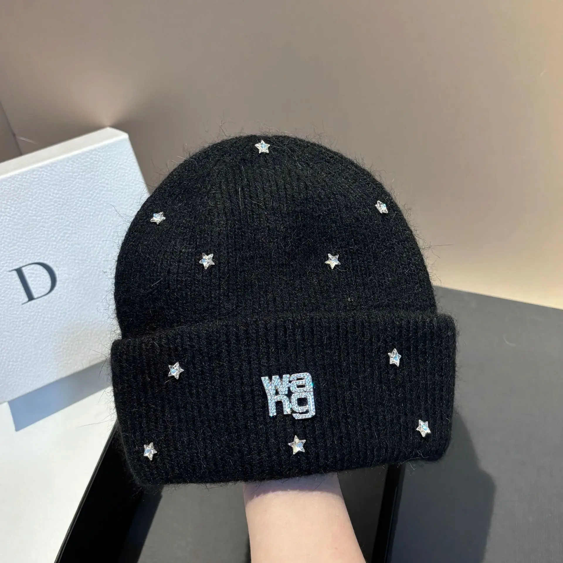 Top Trends: Real Rabbit Fur Winter Knitted Hat Luxury Rhinestones Letter Logo Warm Walking Knit Bonnet Lady Outdoor Skullies Beanies Shoppable Styles