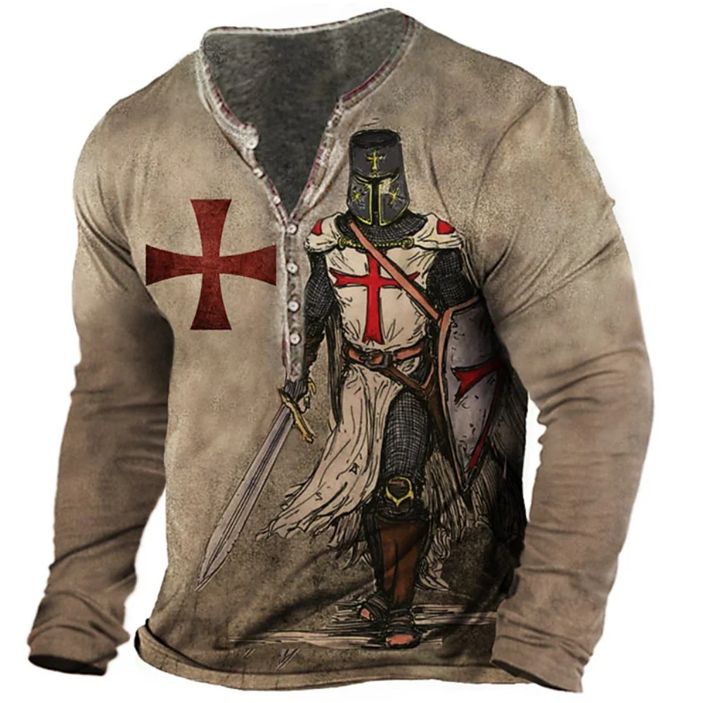 Top Trends: Vintage T-Shirts For Men Cotton Templar Knight 3D Print Graphic T Shirt Oversized Tee Outdoor Daily Long Sleeve Top Man Clothing Shoppable Styles