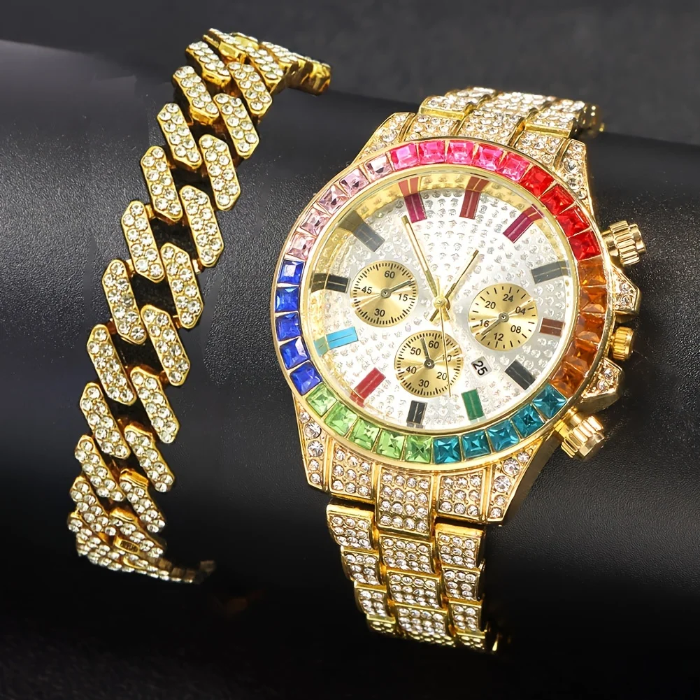 Top Trends: Fashion Hiphop Men's Watch Luxury Colorful Crystal Inlaid Strap Quartz Wristwatch Men Cuban Hand Chain Set Shoppable Styles