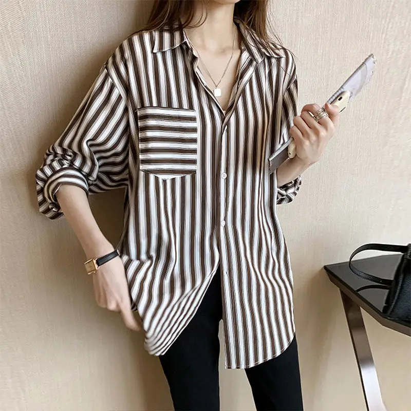 Top Trends: Striped Print Casual Shirt Female Long Sleeve 2022 Korean Fashion Turn-down Collar Loose Button Blouse Women's Clothing Spring Shoppable Styles