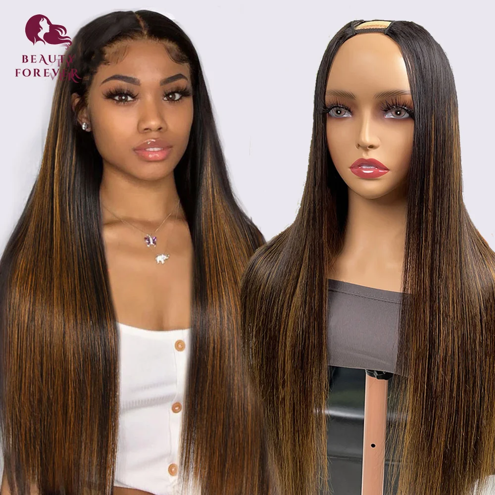 Top Trends: Highlight Brown U Part Wig Human Hair Glueless Straight U V Part Human Hair Wigs Thin Leave Out Density 180% BeautyForever Shoppable Styles