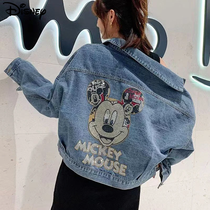 Top Trends: Disney 2022 New Arrival Top Fashion Autumn Cotton Loose Casual Cartoon Mickey Mouse Print Hot Drill Destroy Wash Denim Jacket Shoppable Styles