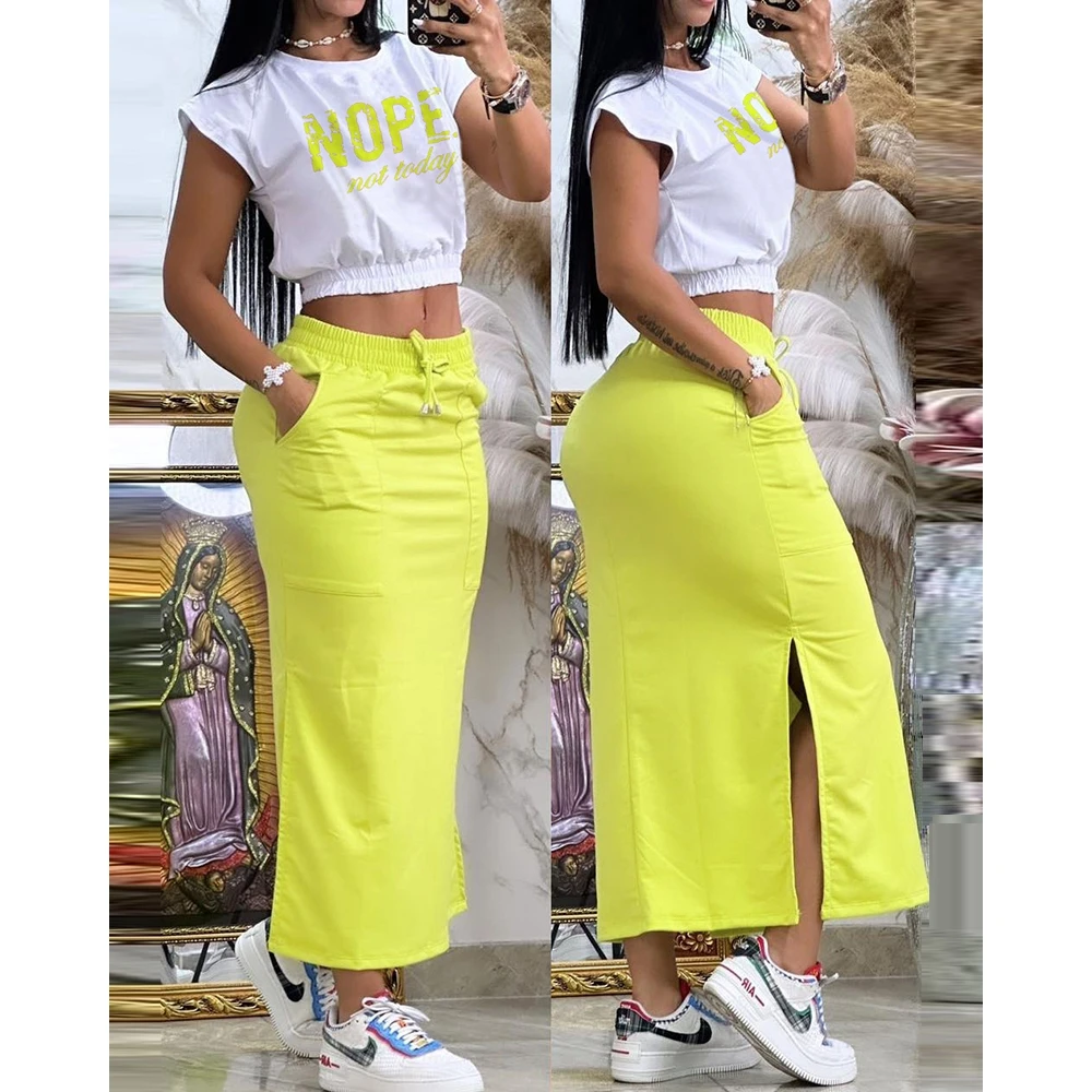 Top Trends: Women Summer Letter Print Crop Top &amp; Pocket Decor Drawstring Side Slit Maxi Skirt Set Summer Two Pieces Dress Set Outfits Y2k Shoppable Styles