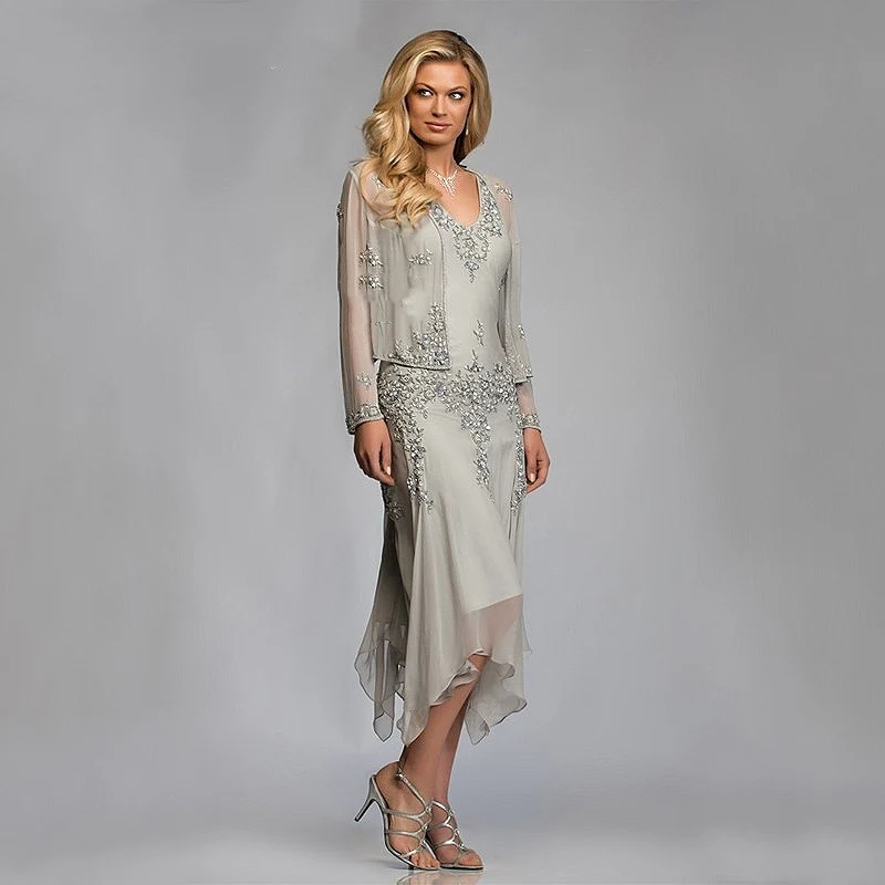 Top Trends: Silver Chiffon Mother Of The Bride Groom Dresses With Jackets 2019 For Summer Wedding Party Gowns Tea Length Lace Godmother Shoppable Styles