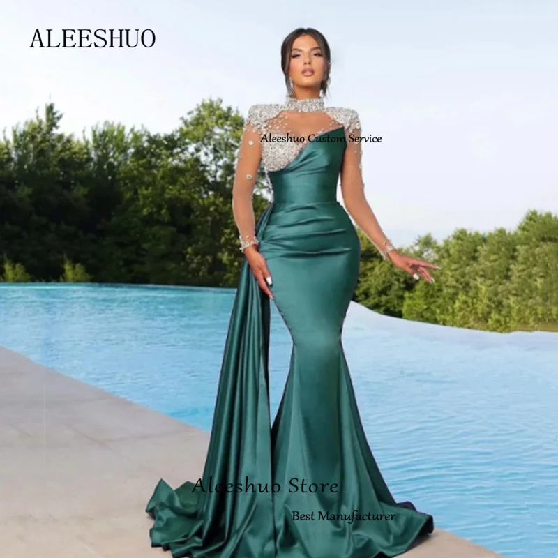 Top Trends: Aleeshuo Luxury Beading Mermaid Satin Prom Dresses Long Sleeve Halter Sweetheart Evening Dress Formal Occasions Vestido De Noche Shoppable Styles