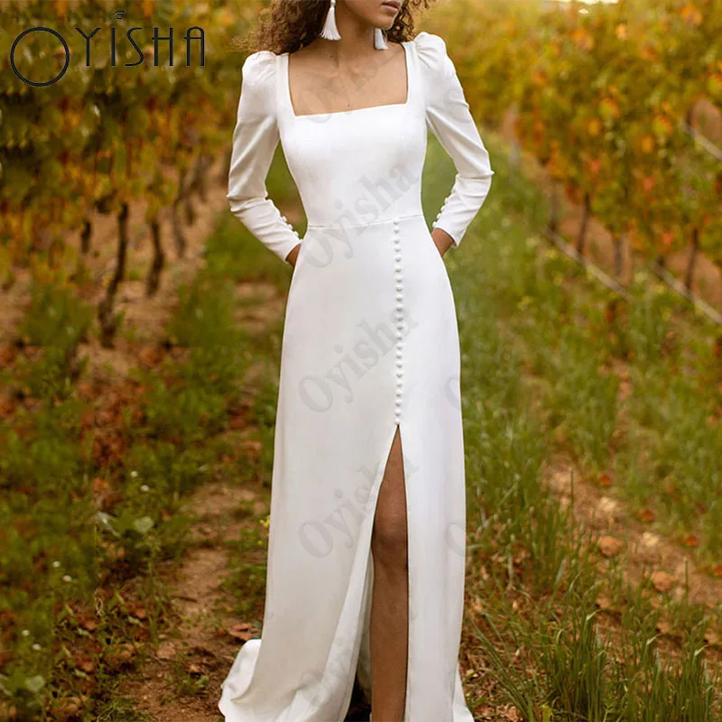 Top Trends: Oyisha Square Collar Mermaid Bridal Party Long Sleeves Open Back Robe Mariée Split Satin Wedding Dresses Wedding Dress For Women Shoppable Styles