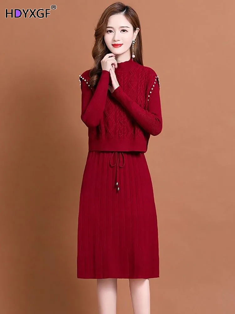 Top Trends: Warm Knitted Dress 2 Piece Set Womens Outfits Vintage Beading Ribbed Knit Vest And Bottoming Sweater Autumn Winter Dresses Suits Shoppable Styles