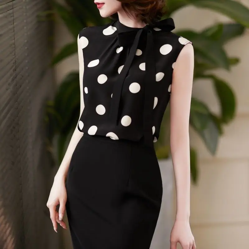 Top Trends: Black Polka Dot Vest Tops Ladies Summer New Sleeveless Bow Loose Shirts Temperament Elegant Women Clothing Shoppable Styles