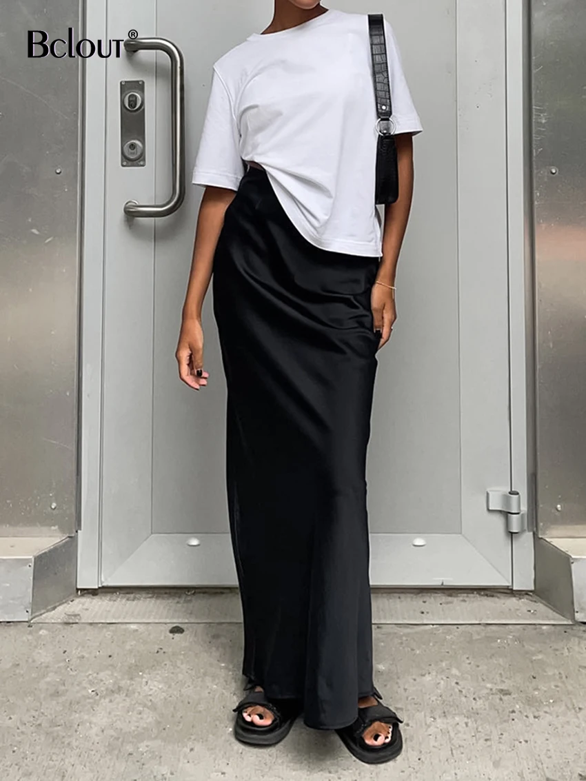 Top Trends: Bclout Elegant Satin Black Skirts Women 2023 Summer Solid Office Lady Slim Trumpet Skirts Fashion Satin Party Long Skirts Female Shoppable Styles