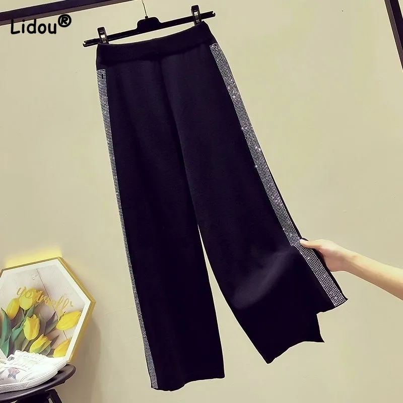 Top Trends: Fashion Casual Diamonds Spliced Wide Leg Pants Autumn Winter Loose Korean Elastic High Waist Solid Color Pants Women's Clothing Shoppable Styles