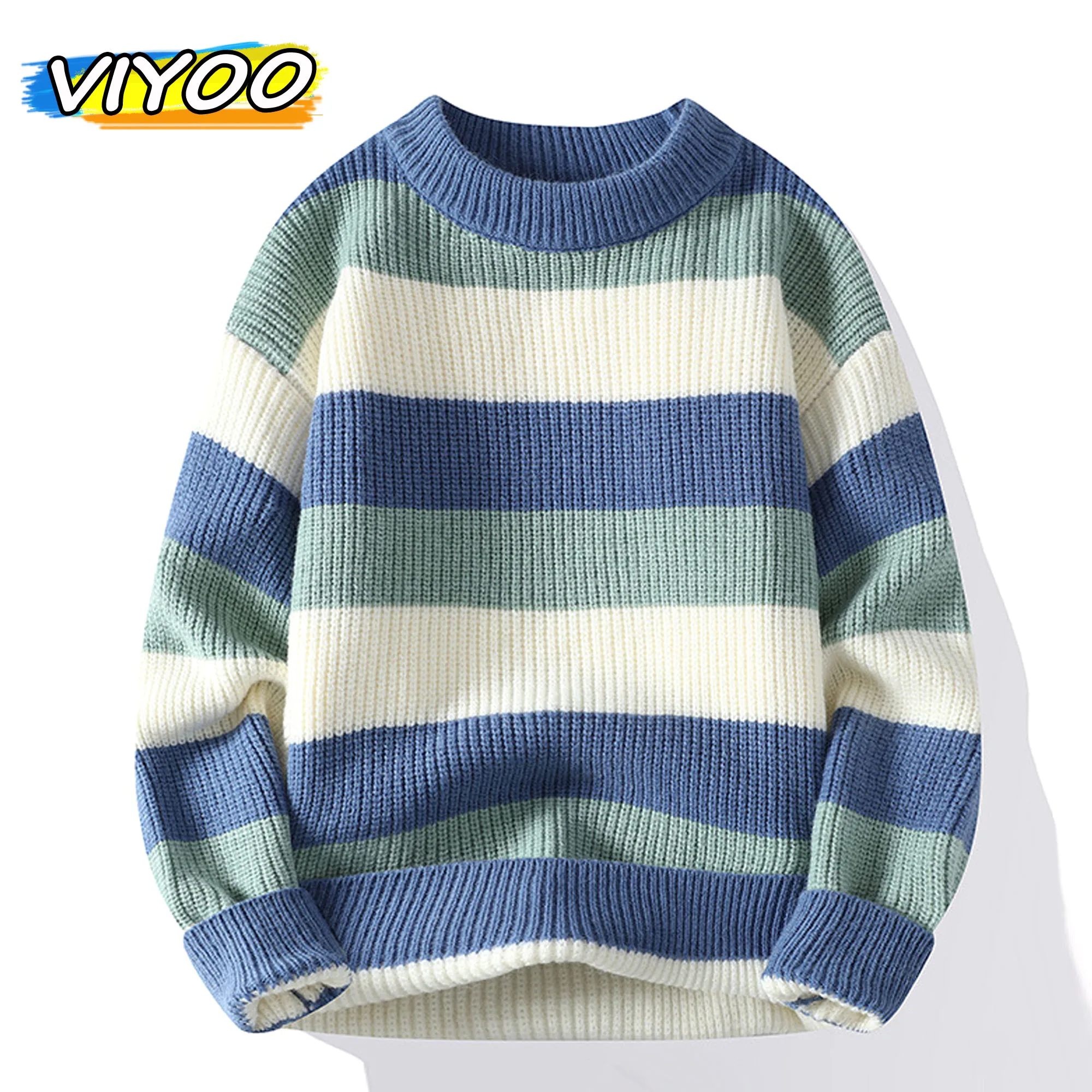 Top Trends: Men's Y2K Oversized Blue Knitwear Striped Sweater Blouse Tops Pullover Knit Casual Korean Autumn Winter Clothes Jumper For Men Shoppable Styles