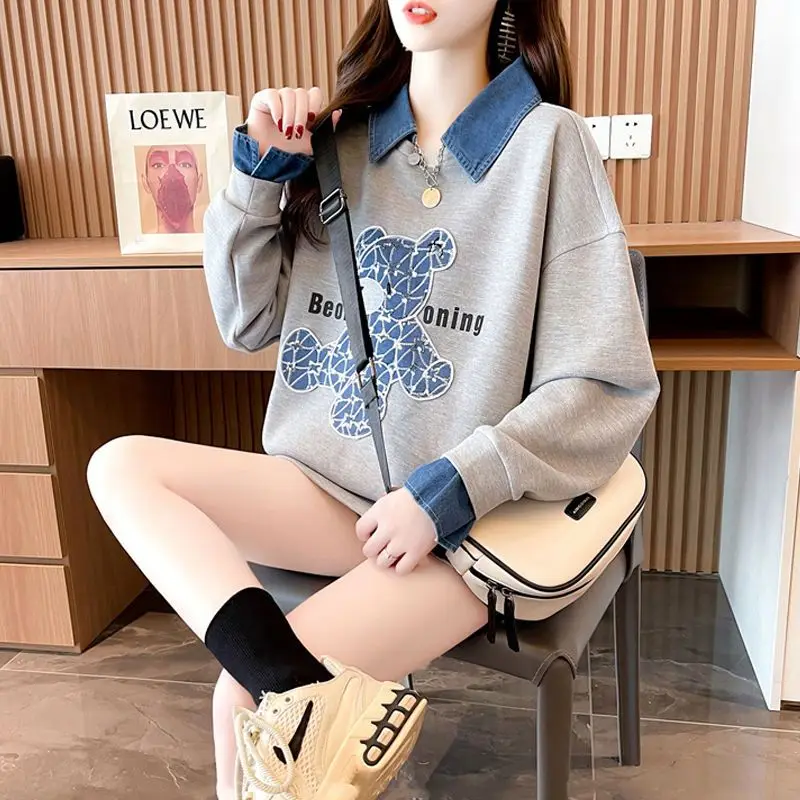 Top Trends: Fashion Spliced Cartoon Sequined Sweatshirts Female Clothing 2023 Autumn Winter Loose Casual Tops Fake Two Pieces Sweatshirts Shoppable Styles