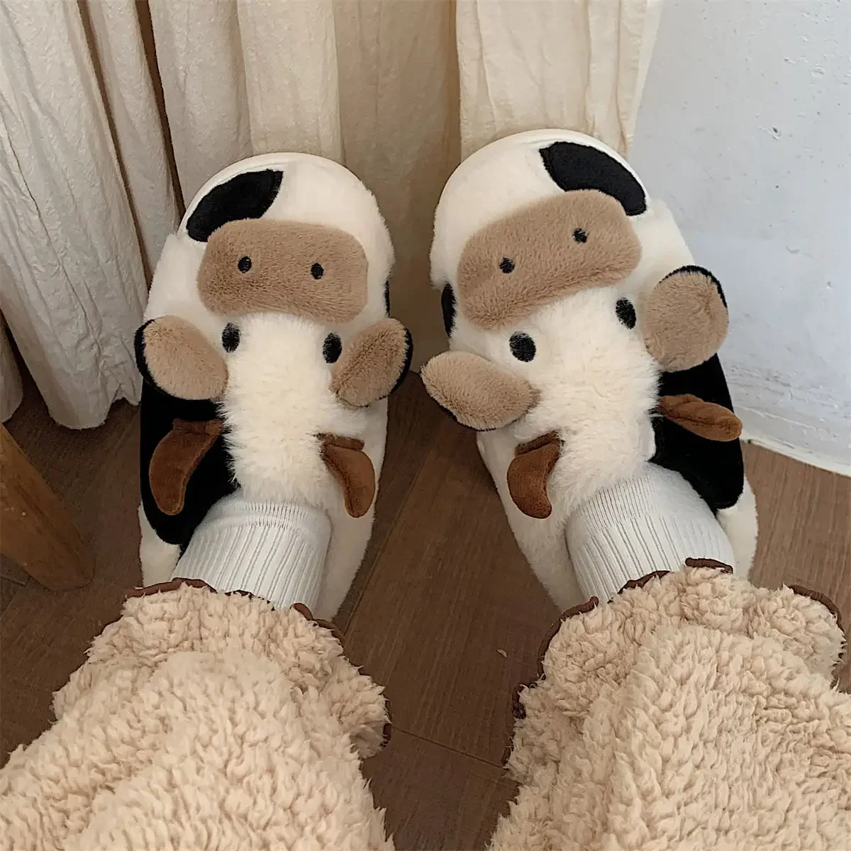 Top Trends: Soft Cute Cow Cotton Slippers Winter Students Home Non-slip Slippers Winter Warm Couple Cartoon Milk Cow Fluffy Fur Slippers Shoppable Styles