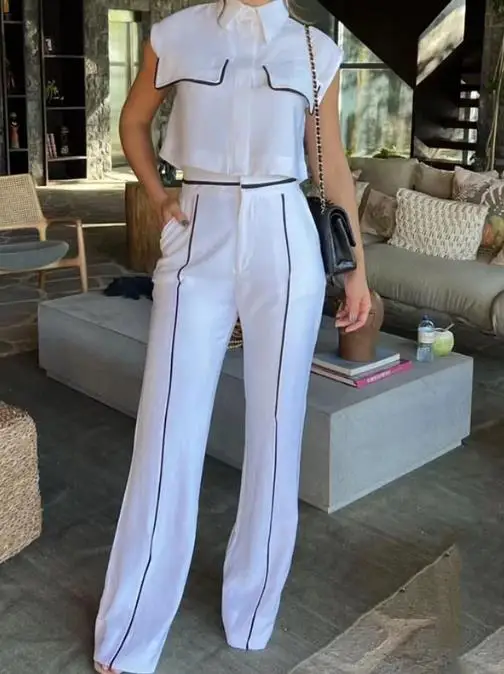 Top Trends: Two Piece Set Women Outfit 2023 Summer Fashion Solid Color Lapel Short Sleeve Shirt &amp; Casual High Waist Pocket Design Pants Set Shoppable Styles