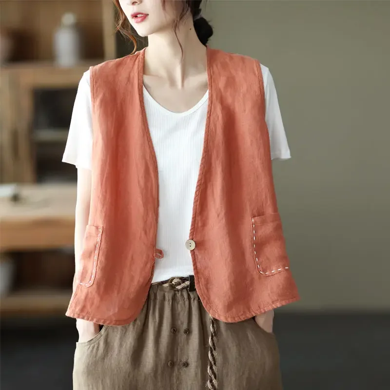 Top Trends: Women Spring Autumn Vest Pure Cotton Sleeveless Jacket Linen Cardigan Fashion Korean Retro Short Designer Grace Jacket Plus Size Shoppable Styles