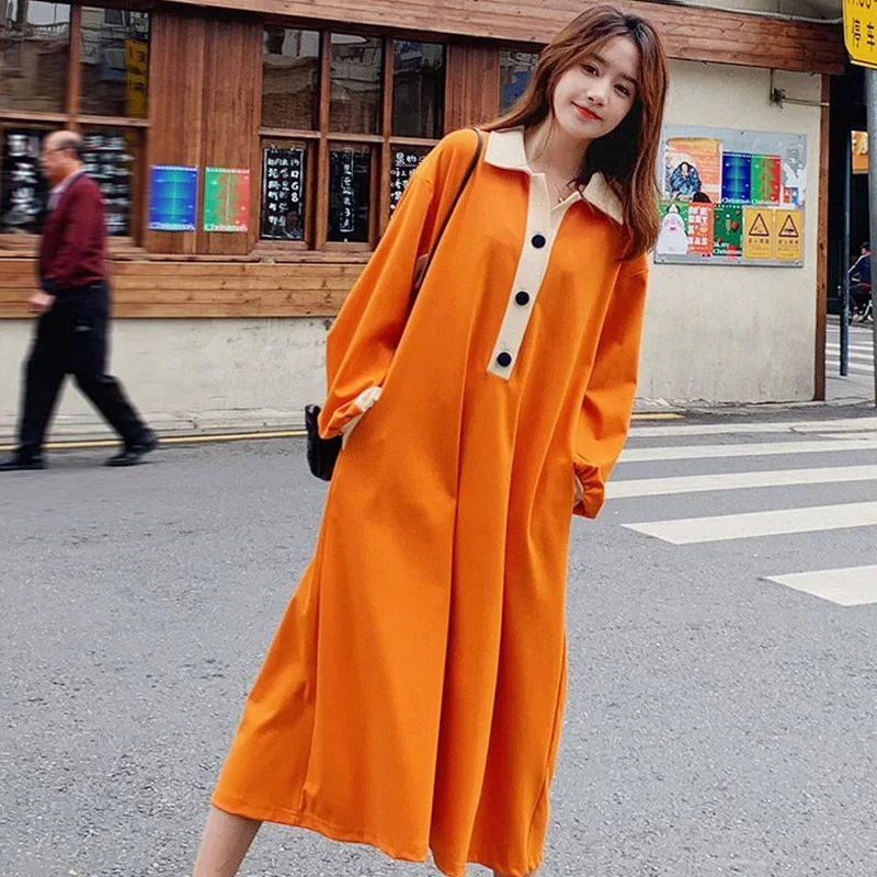 Top Trends: Spring New Contrast Patchwork Casual Dresses Long Sleeve Polo Neck Loose Plus Size Midi Dress Korean Fashion Women Clothing Shoppable Styles