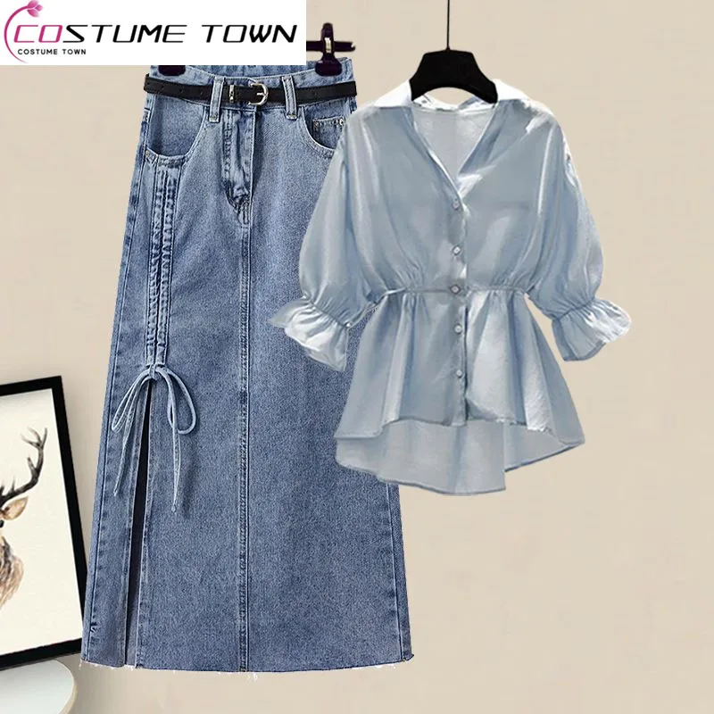 Top Trends: Spring Set Women&#039;s 2023 New Large Women&#039;s Dress With Waist Wrapped And Slim Shirt Denim Skirt Two Piece Set Fashion Shoppable Styles