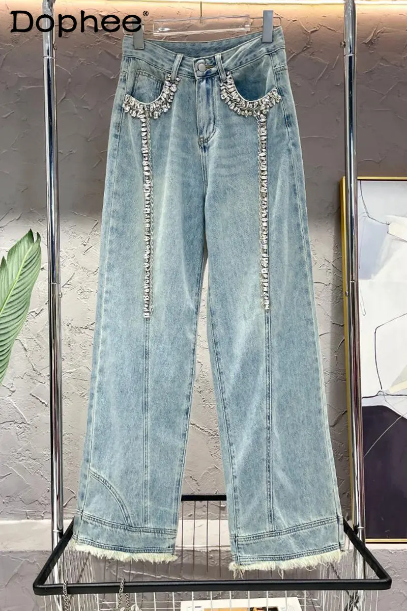 Top Trends: Heavy Industry Rhinestone Baggy Jeans Women Loose Slimming High Waist Straight Blue Wide-Leg Pants 2023 New Summer Long Trousers Shoppable Styles