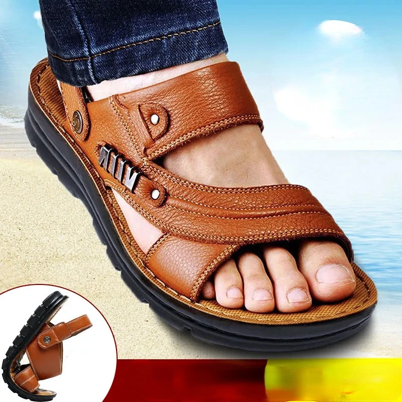 Top Trends: Sandals Men 39 Beach Shoes Cow Quality Genuine Leather Non-slip Mens Slippers Breathable Two Uses Man Sandals Male Slippers Shoppable Styles