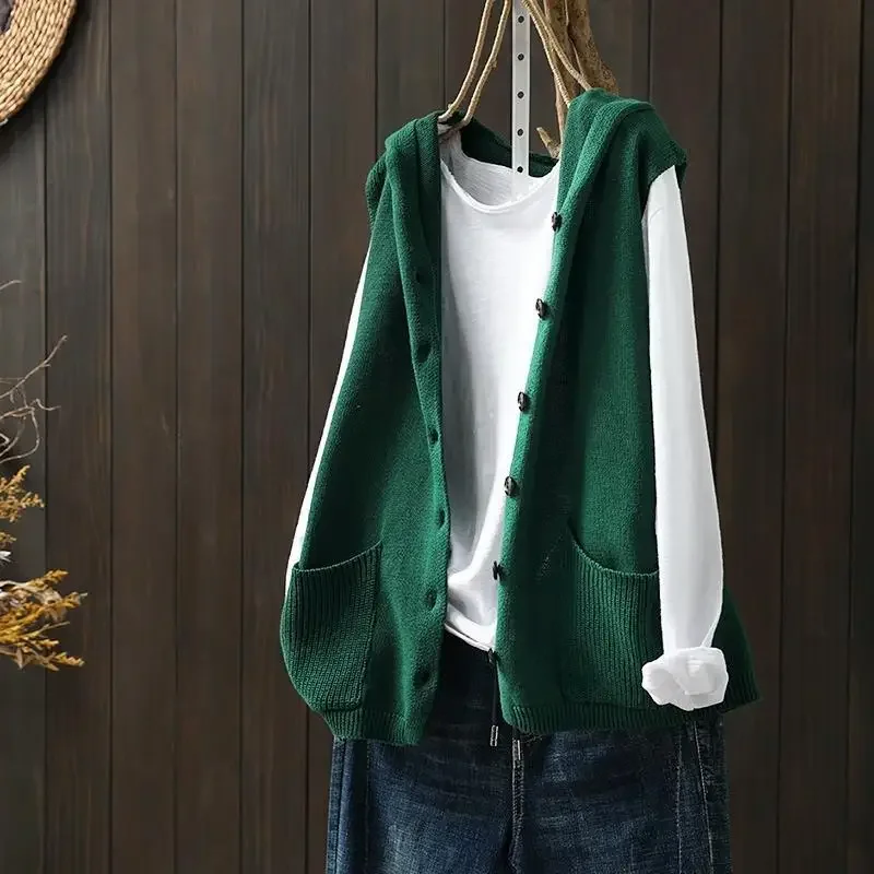 Top Trends: Hooded Knitted Vest Women Cardigan Sleeveless Coat Retro Harajuku Loose Spring Autumn Tops Korean Fashion Pocket New Shoppable Styles