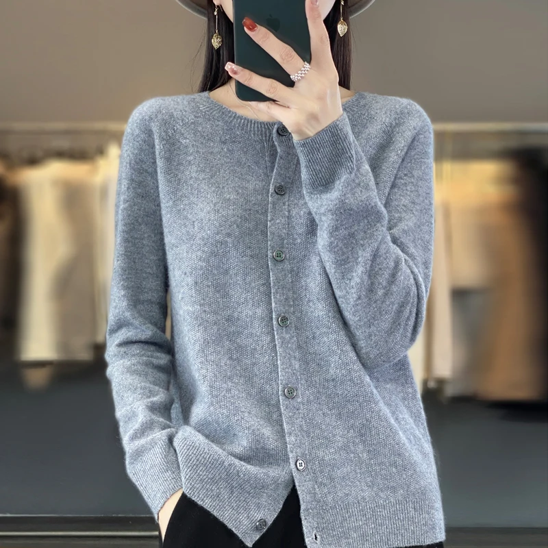 Top Trends: Autumn And Winter 100% Merino Wool Long Sleeve Knitted Cashmere Sweater Ladies Knitted O-neck Cardigan Loose Solid Color Coat Shoppable Styles