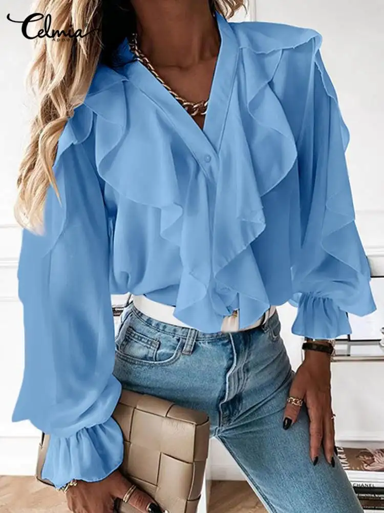 Top Trends: Celmia Women Ruffles Blouses 2023 Fashion Sexy V Neck Tops Elegant Long Sleeve Flare Cuff Shirts Casual Button Up Party Blusas Shoppable Styles - Image 4