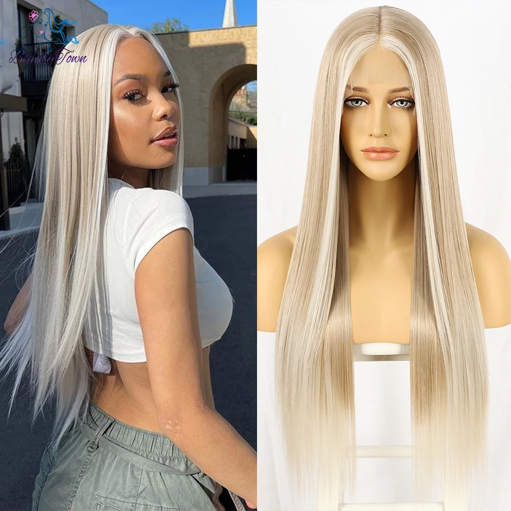 Top Trends: 30inch Sliver Blonde Synthetic Lace Front Wig Straight Wig 613 Blonde Hightlight Color HD Transparent Lace Wig Cosplay Daily Wig Shoppable Styles