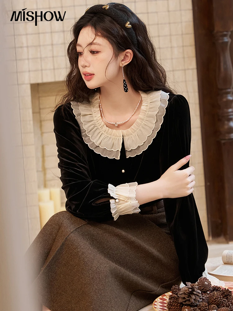 Top Trends: MISHOW French Retro Velvet Blouses For Women 2023 Autumn Winter Button Down O Neck Korean Long Sleeve Shirt Tops MXC51X1323 Shoppable Styles