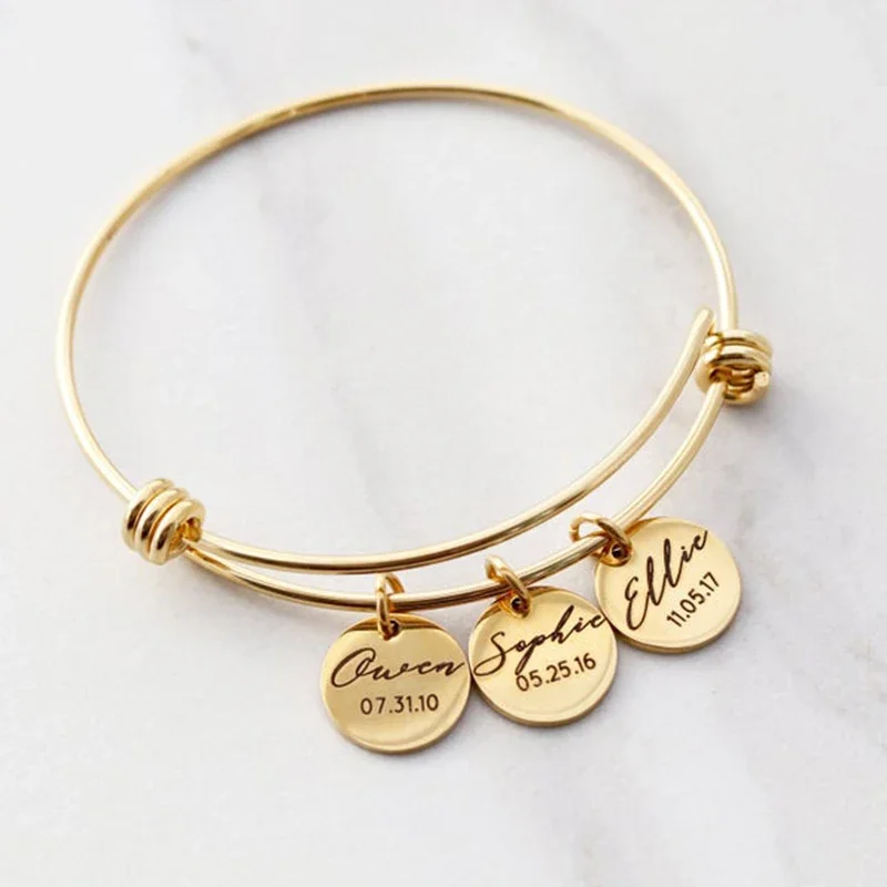 Top Trends: Customized 1-5 Names Round Pendant Bangles Personalized Adjustable Stainless Steel Bracelets Custom Engraved Bangle Name Jewelry Shoppable Styles - Image 3