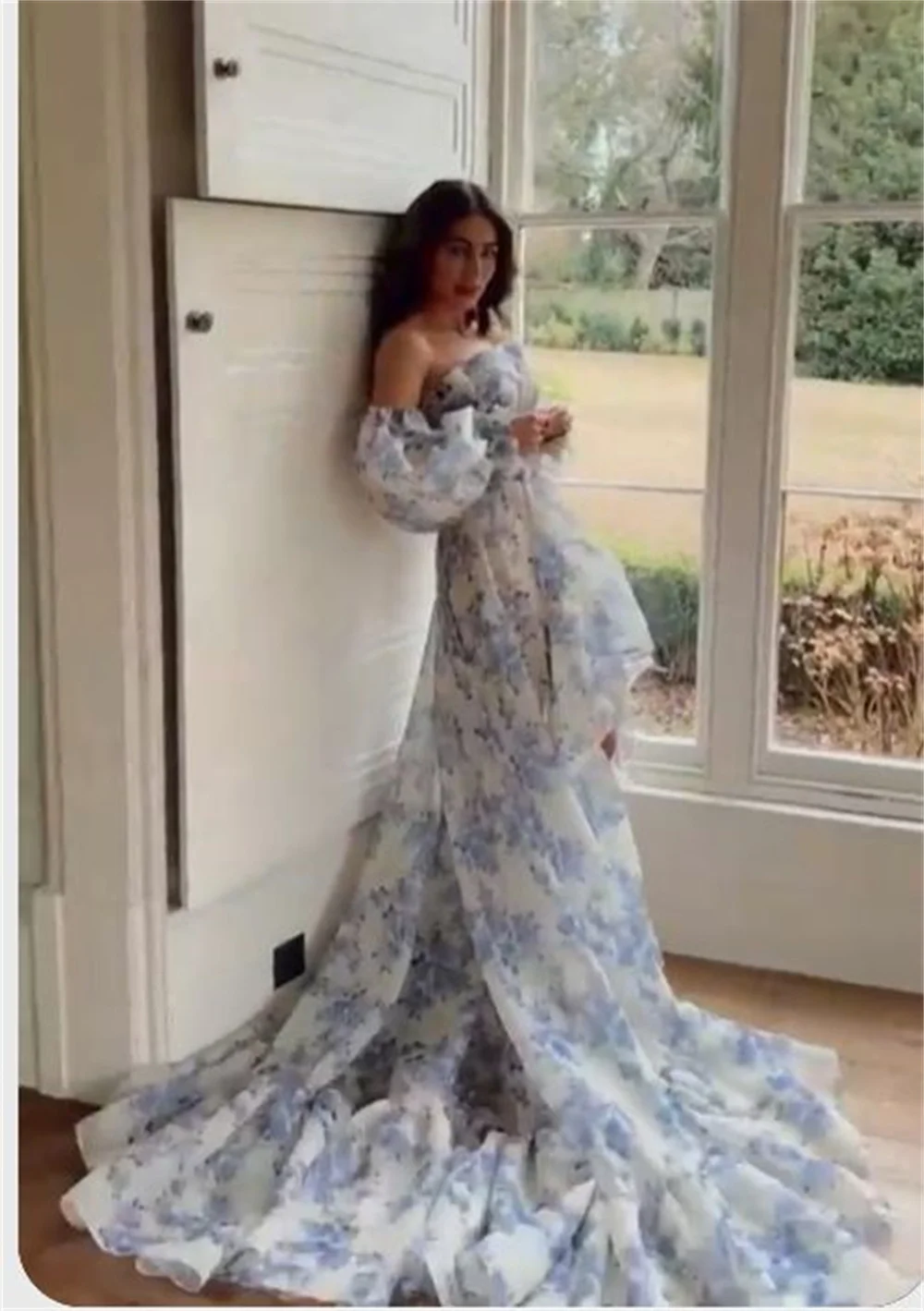 Top Trends: Sansa Puffy Sleeve Printing A-line فساتين السهرة Sweet Blue Organza Vestidos De Noche Romantic Strapless Long Tail Prom Dresses Shoppable Styles