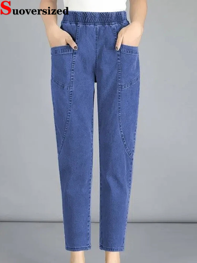 Top Trends: Vintage High Waist Ankle-length Blue Jeans Harem Elastic Denim Pants Large Size 4xl Woman Jogger Vaqueros Casual Baggy Spodnie Shoppable Styles