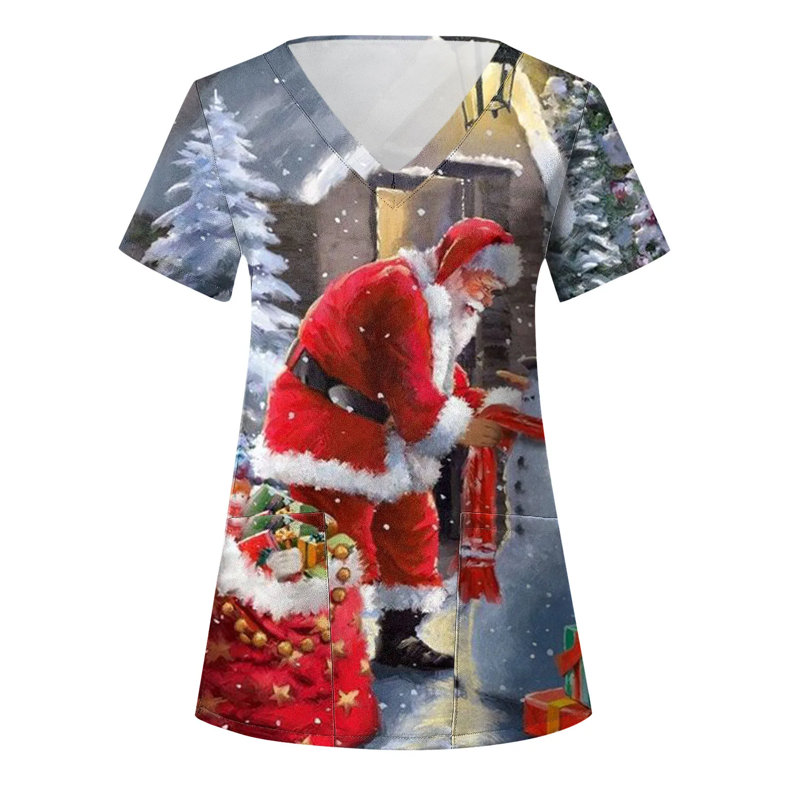 Top Trends: Christmas Nursing Scrubs Tops Women Santa Print Working Uniform Blouse Short Sleeve V-neck Uniform Carer Clothes форма медсестры Shoppable Styles