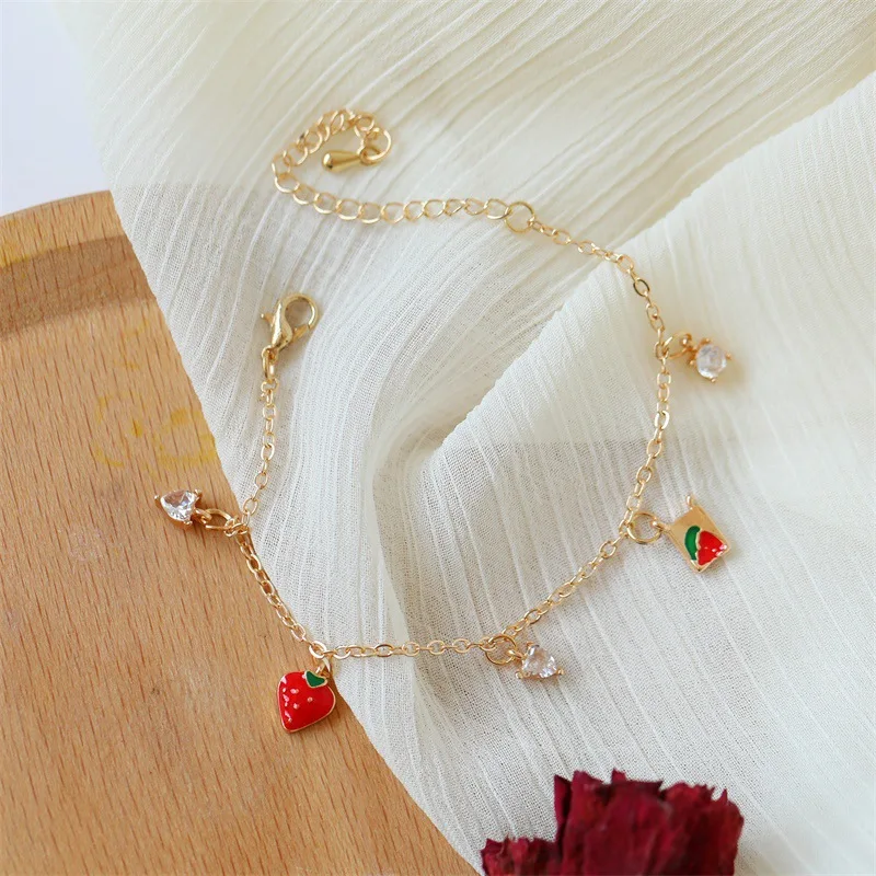 Top Trends: Korean New Girl Red Strawberry Charms Bracelet 2023 Trendy Zircon Small Fresh Student Heart Bracelets For Women Friendly Gift Shoppable Styles - Image 2