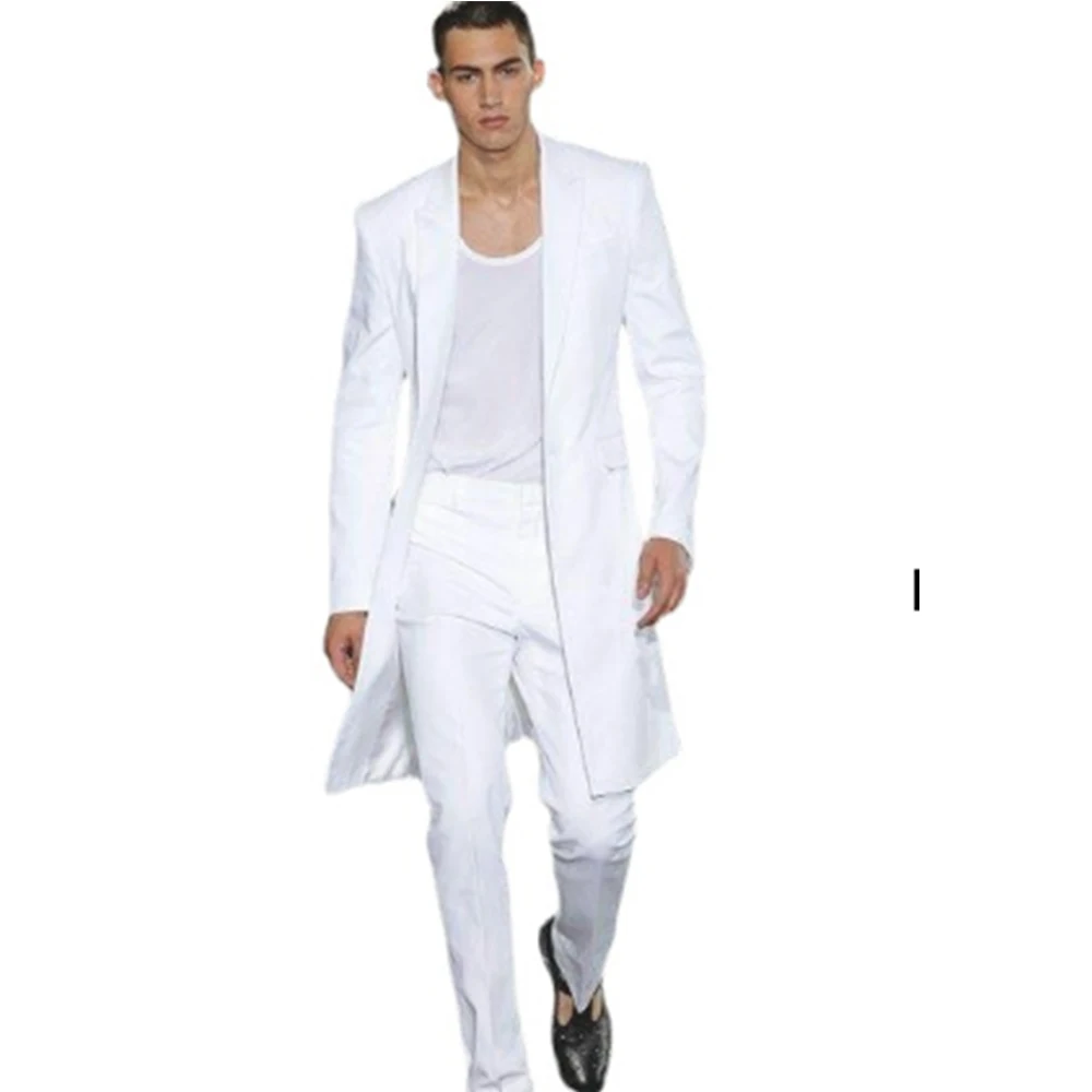 Top Trends: Summer Long Jacket White Trousers Groom Tuxedos Wedding Suits For Men Peaked Lapel Man Blazers 2 Pieces Coat Pants Prom Party Shoppable Styles