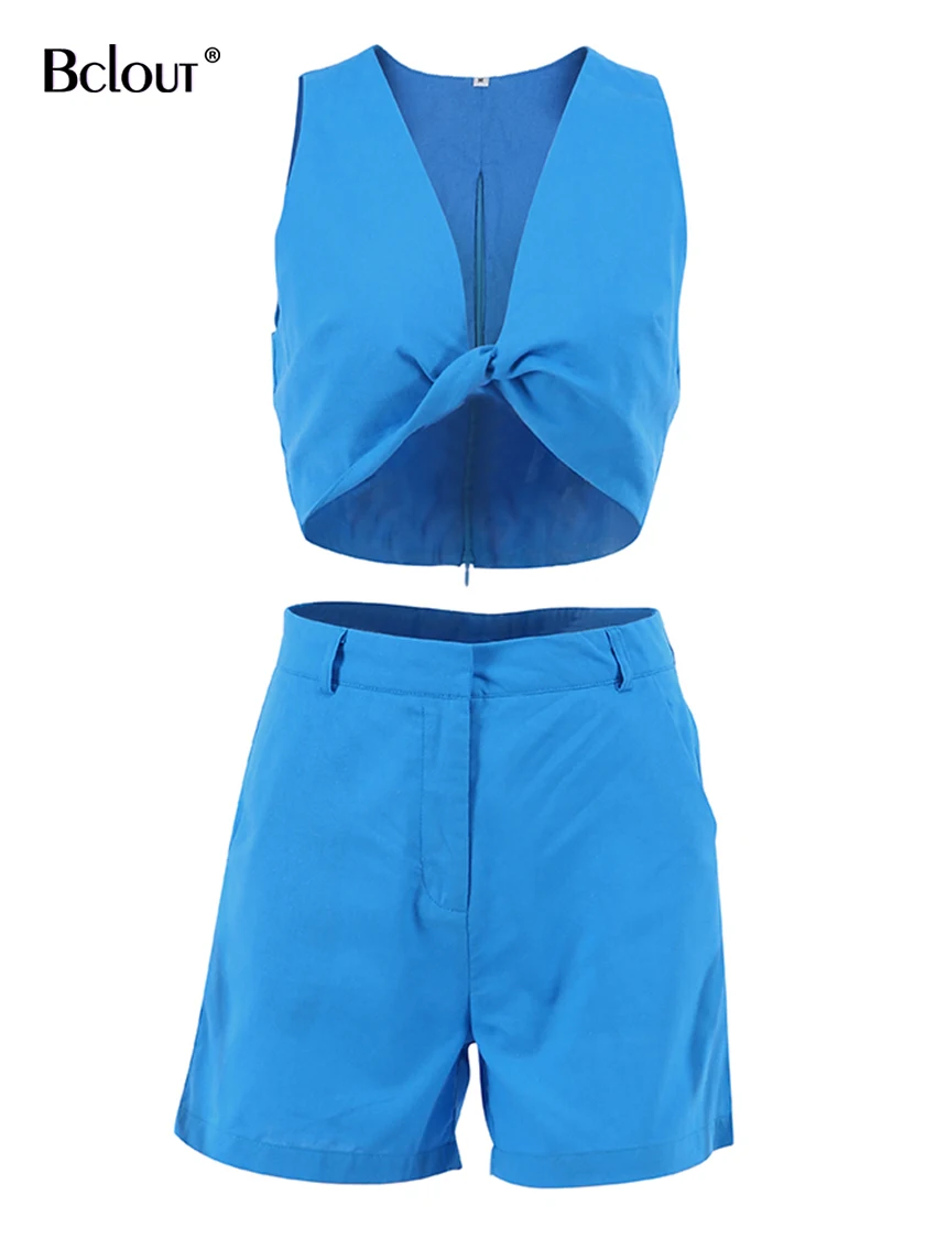 Top Trends: Bclout Summer Blue Linen Shorts Sets 2 Piece Outfits Women 2023 Vacation V-Neck Sexy Crop Tops Fashion Thin Straight Shorts Suit Shoppable Styles - Image 4