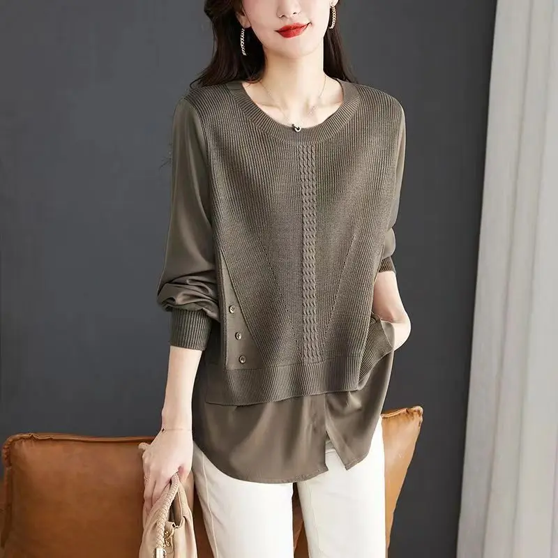 Top Trends: Commute Fake Two Pieces Blouse Spring Autumn Knitted Spliced Women's Clothing Long Sleeve Korean Solid Color Basic O-Neck Shirt Shoppable Styles