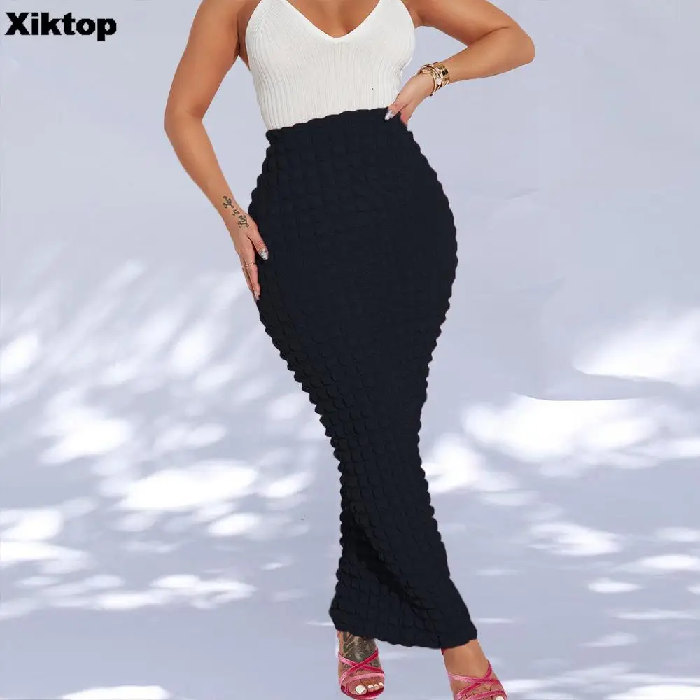 Top Trends: Xiktop Sexy Popcorn Slim Long Skirt Women High Waist Solid Pencil Skirt 2023 Spring Summer Harajuku Elegant Fairy Grunge Clothes Shoppable Styles