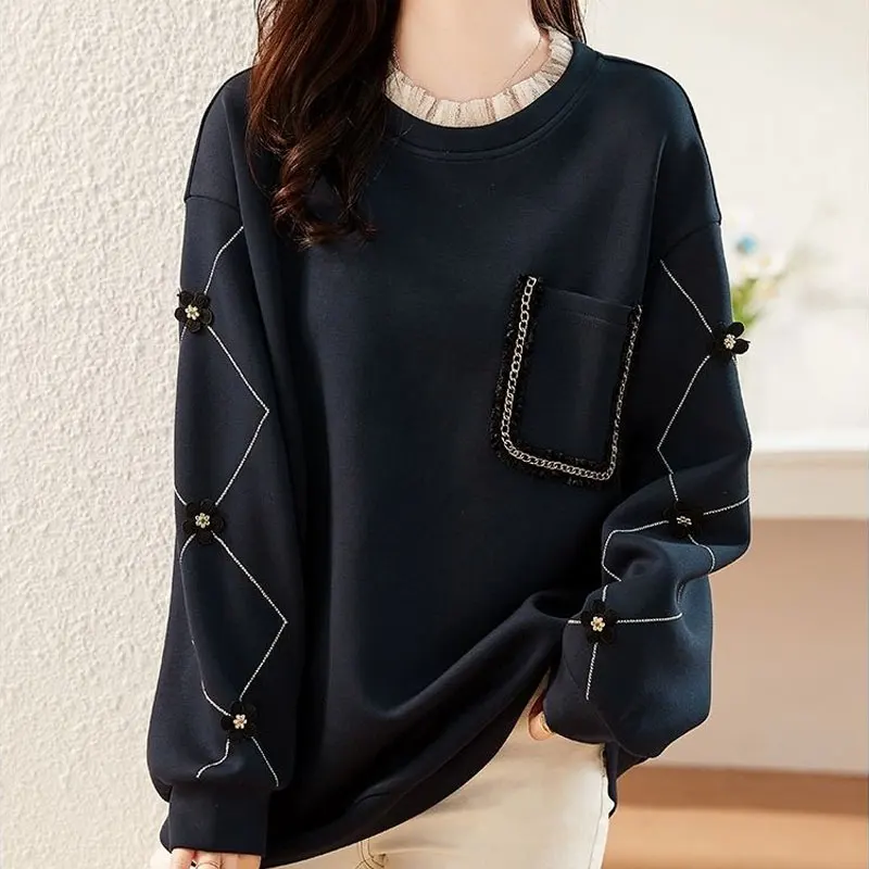 Top Trends: Fashion Beading Gauze Spliced Sweatshirts 2023 Autumn Winter Fake Two Pieces Female Clothing Casual Round Neck Pockets Pullovers Shoppable Styles