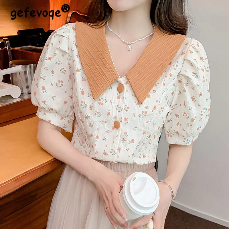 Top Trends: Shirts Women Peter Pan Collar Sweet Puff Sleeve Floral Vintage Korean Youth Style Summer New Casual Fashion Female Clothing 2022 Shoppable Styles