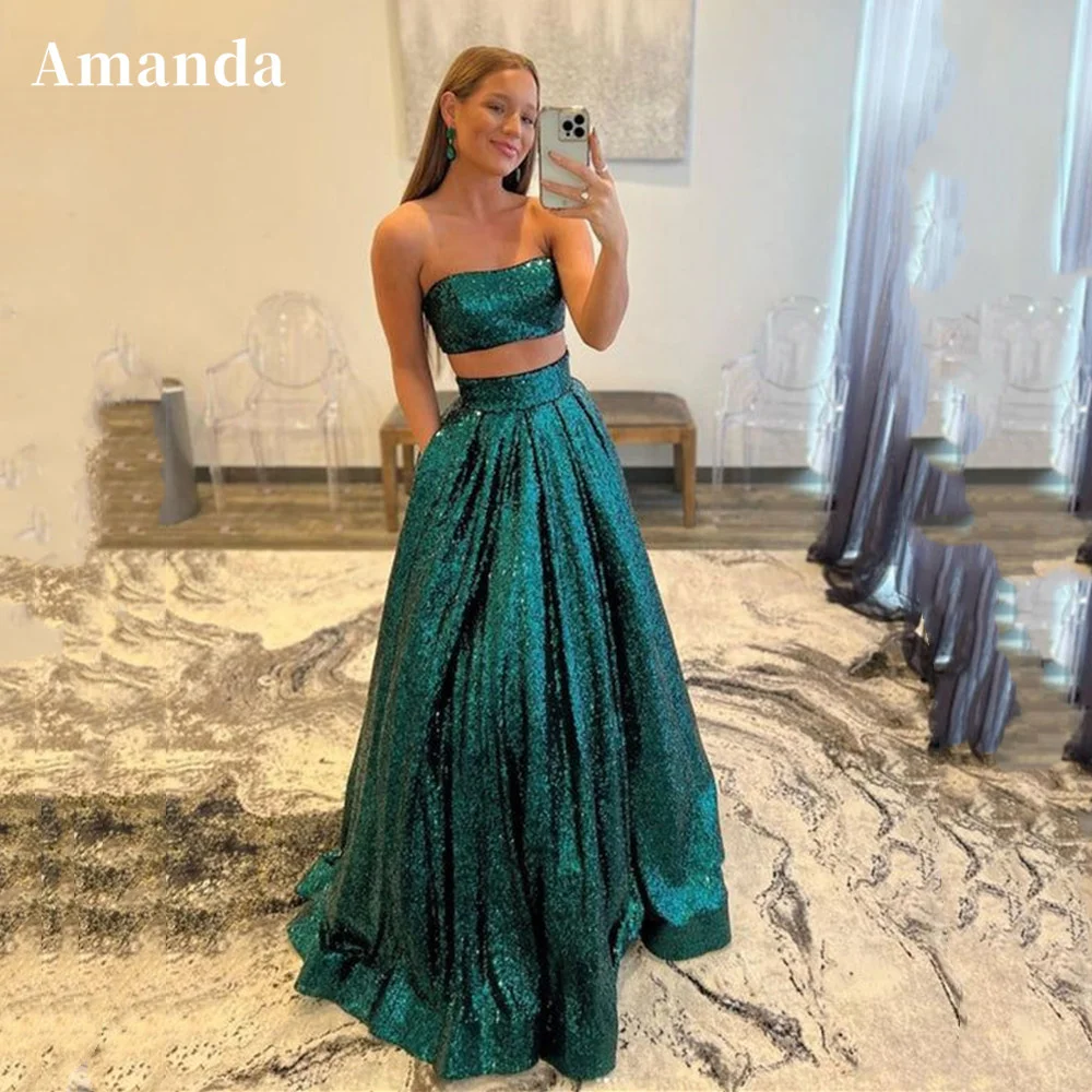 Top Trends: Amanda Glitter Dark Green فساتين الحفلات Sexy Strapless Party Dress Glitter Evening Dresses Shiny A-line Prom Dress 2023 Shoppable Styles